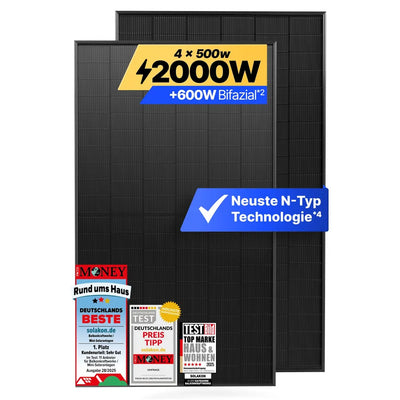 Solakon 500W Bifazial Glas-Glas Solarmodul | N-Type Full Black | 4er Set (2000W Gesamt)