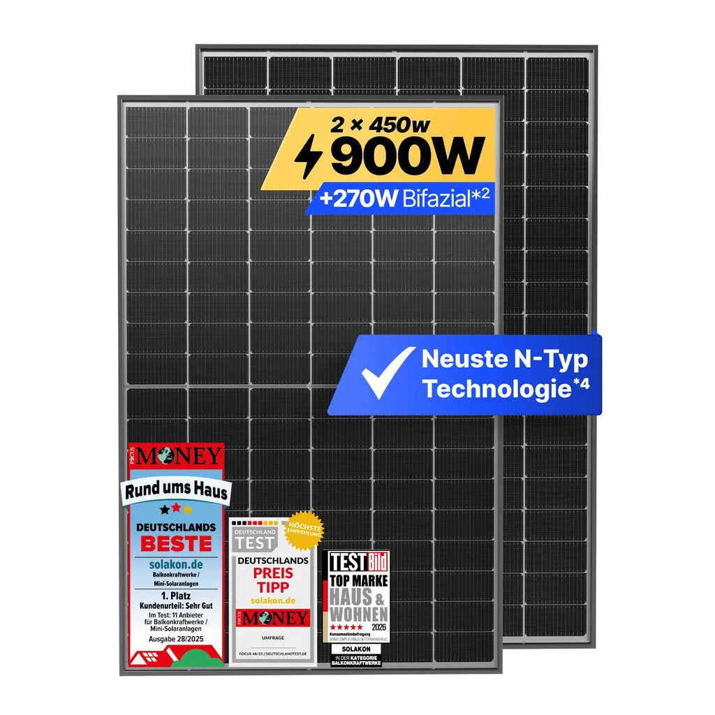 Solakon 450W Bifazial Glas-Glas Solarmodul | N-Type Full Black | 2er Set (900W Gesamt)