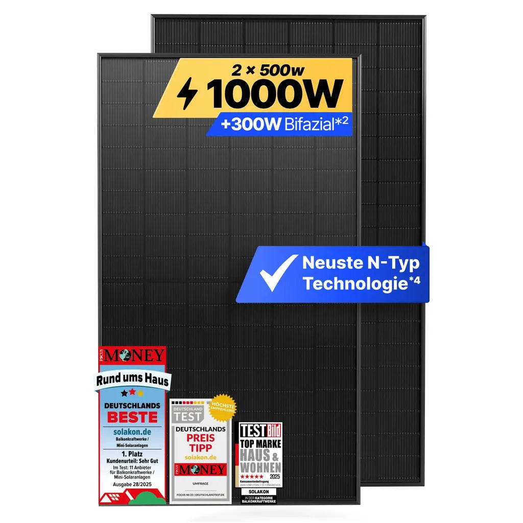 Solakon 500W Bifazial Glas-Glas Solarmodul | N-Type Full Black | 2er Set (1000W Gesamt)